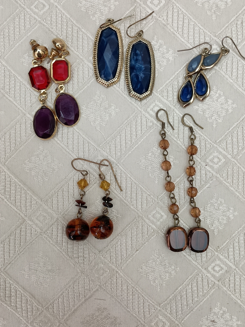 5 Assorted Women’s Dangle Earrings - Blue, Purple, Red, Amber Options